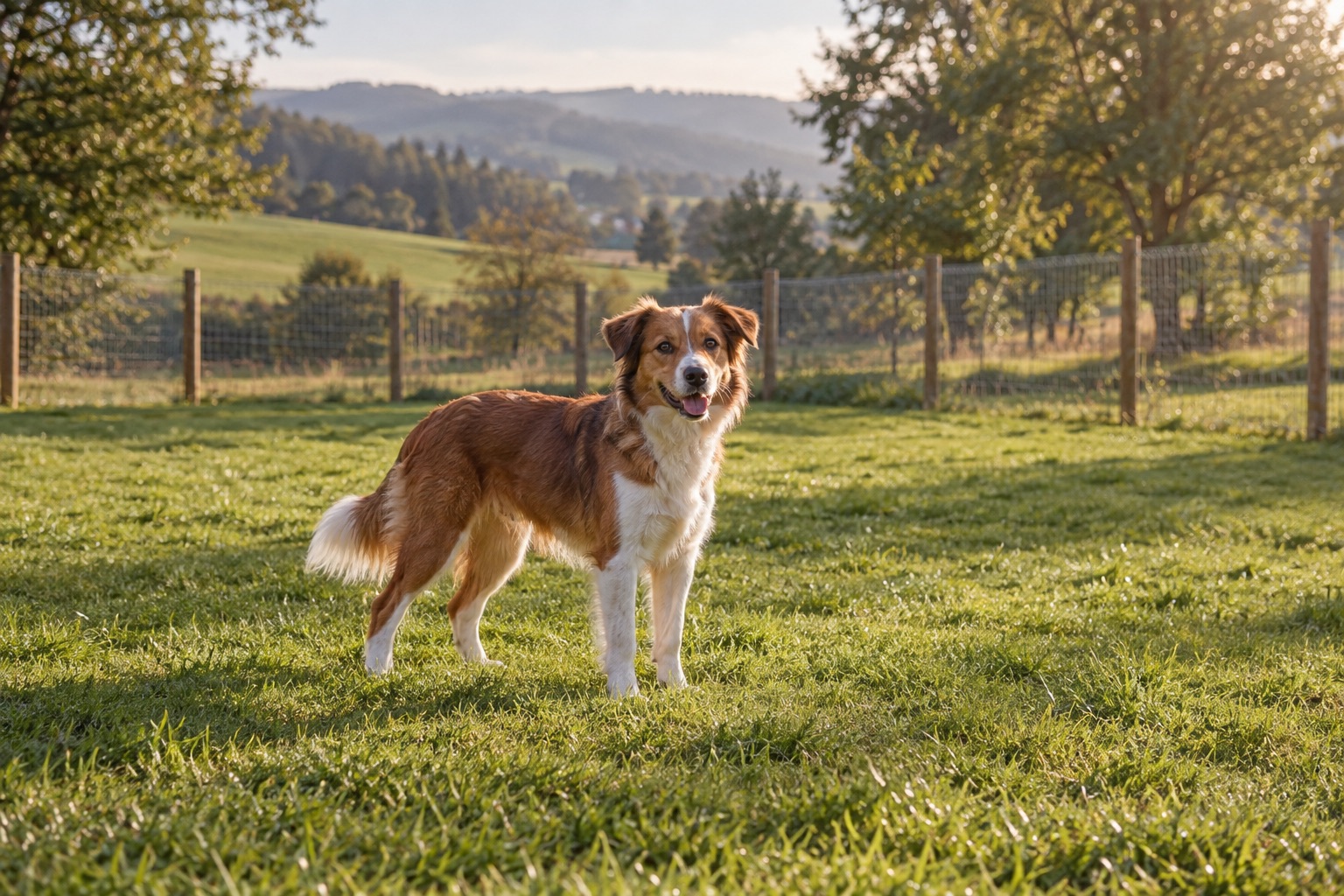 Ein Hund auf einer grünen Wiese im sanften Abendlicht